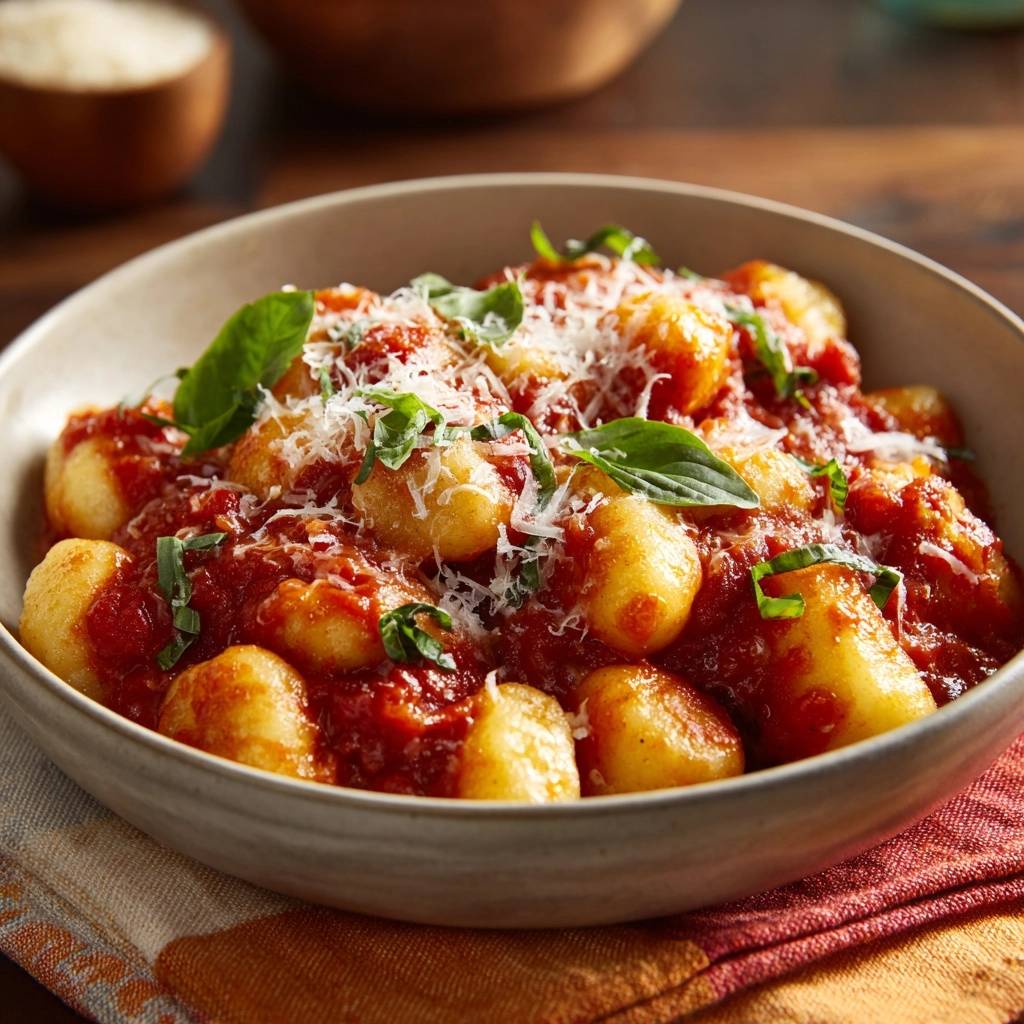 Fluffige Gnocchi All Pomodoro Teller Garniert 1 Fluffige Gnocchi alla Pomodoro, serviert in einer Schale und garniert mit frischem Basilikum und geriebenem Parmesan.