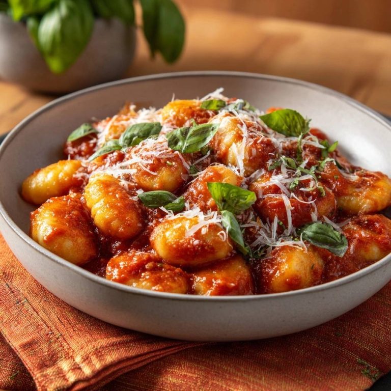 Fluffige Gnocchi alla Pomodoro in einer Schüssel, garniert mit frischem Basilikum und geriebenem Parmesan.