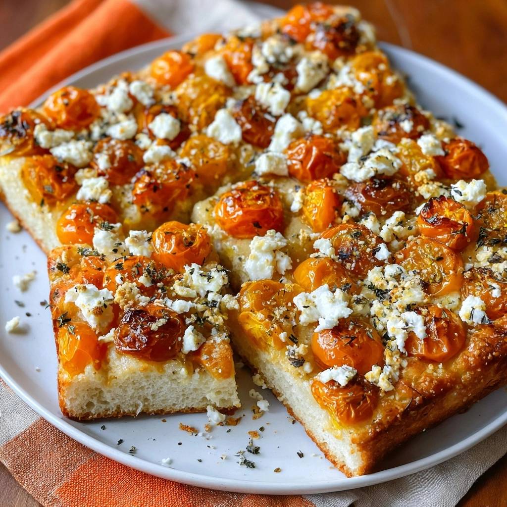 Focaccia mit gerösteten Kirschtomaten und Feta, ein Anschnitt zeigt die luftige Krume und die saftigen Beläge.