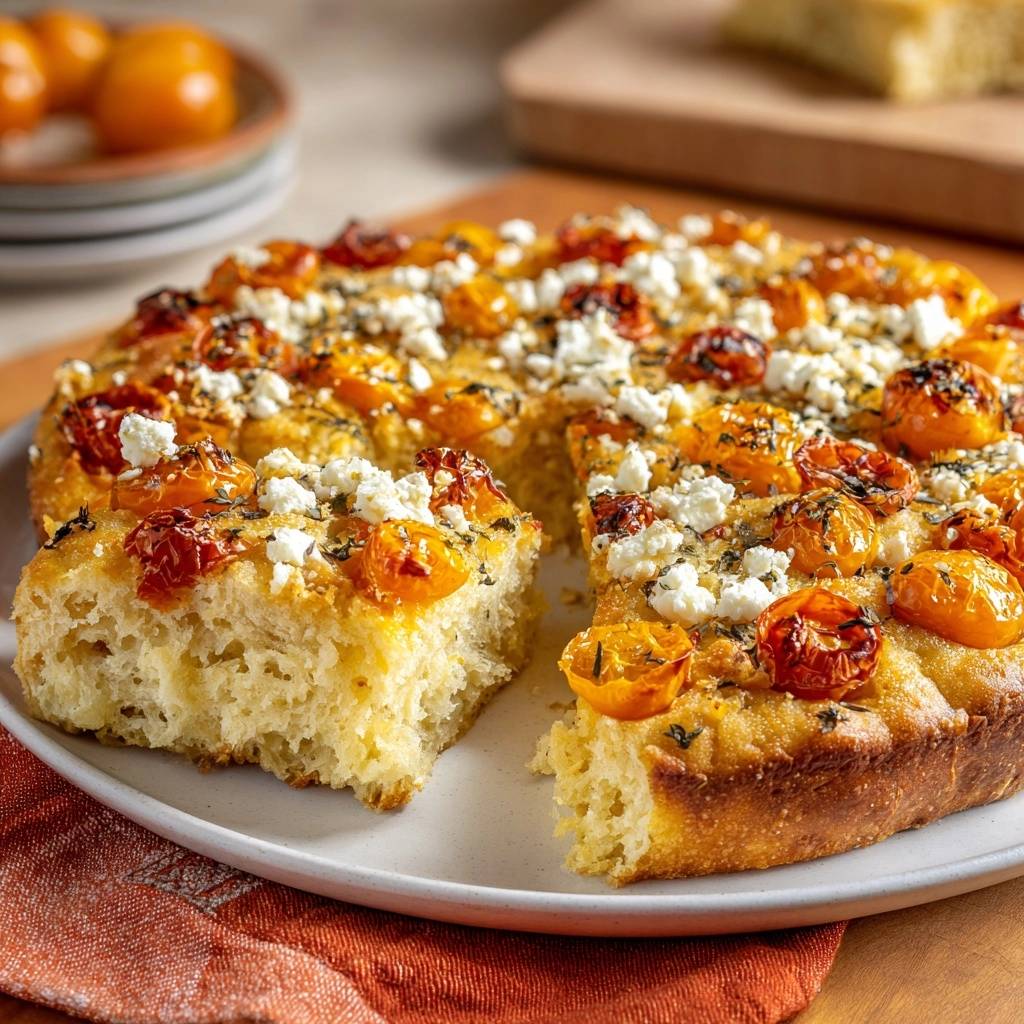 Focaccia mit gerösteten Kirschtomaten und Feta, angeschnitten auf einem Teller, zeigt die luftige Krume und die knusprige Kruste.