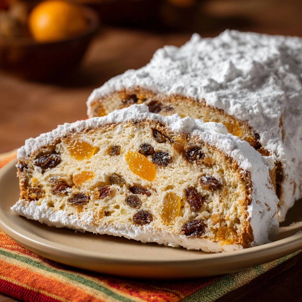 Perfekter Früchtestollen angeschnitten, gezeigt im Detail mit sichtbaren Rosinen und kandierten Früchten, bestäubt mit Puderzucker.