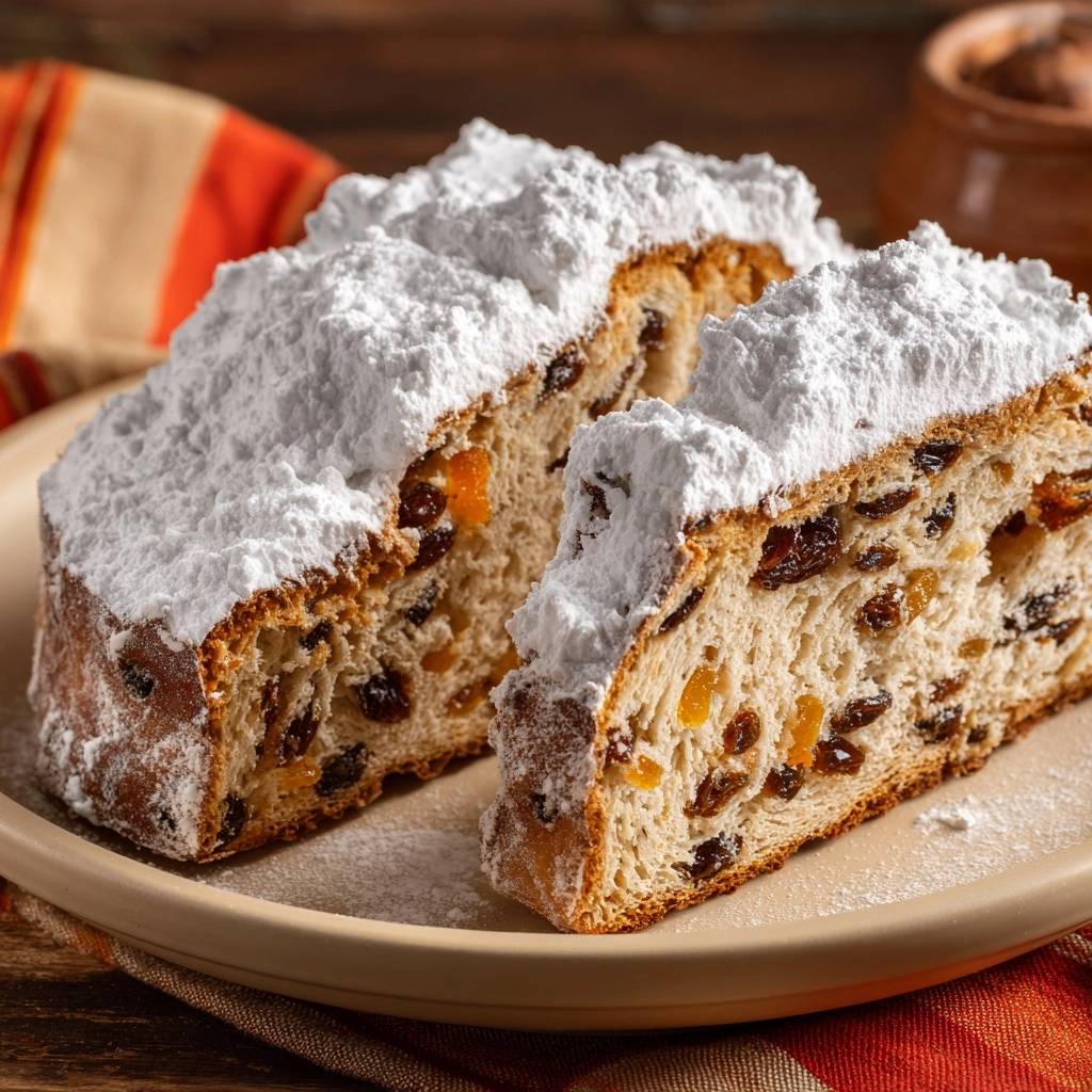 Perfekter Früchtestollen angeschnitten, mit Rosinen und kandierten Früchten, bestäubt mit Puderzucker