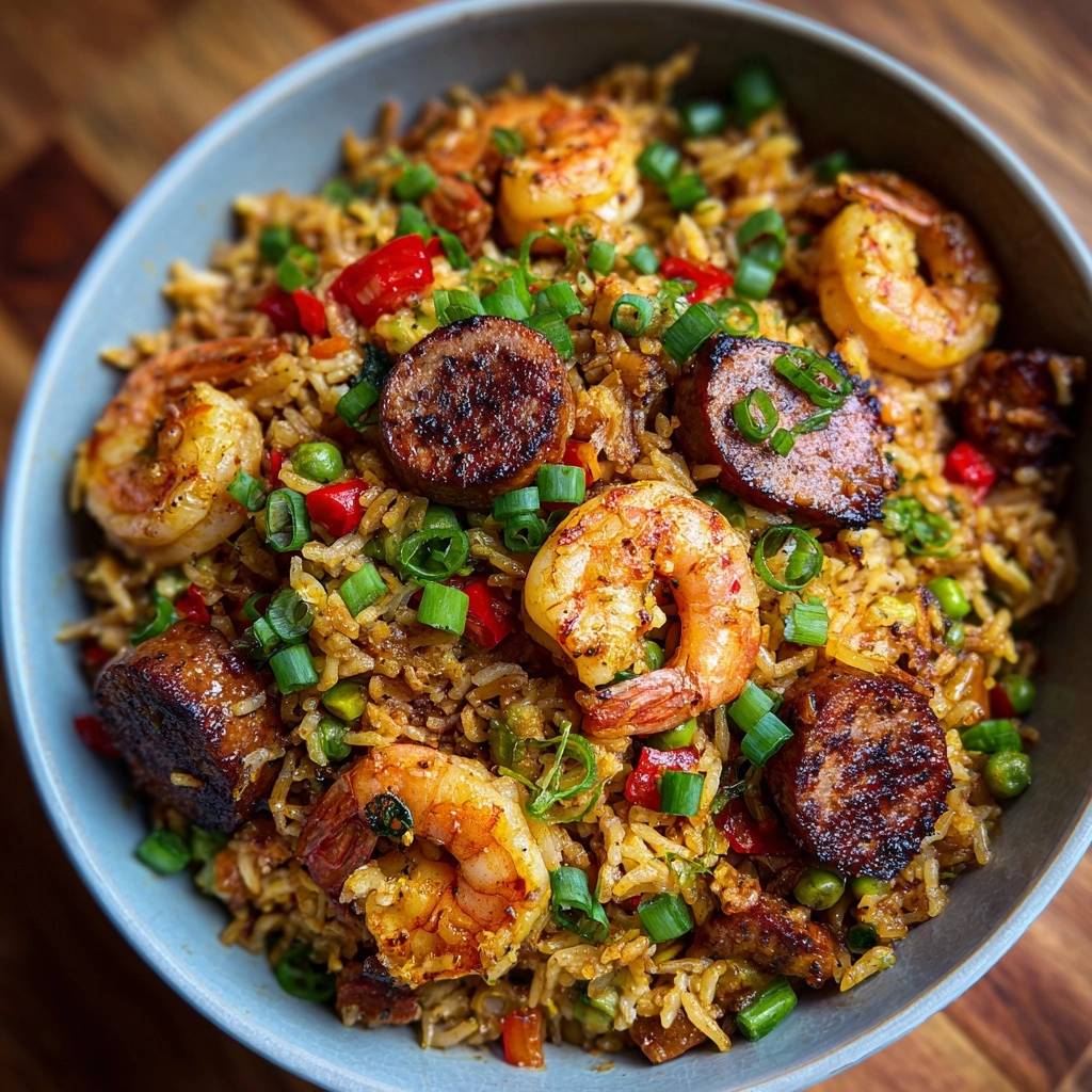 Garnelen-Jambalaya nah aufgenommen mit saftigen Garnelen, Wurstscheiben und Frühlingszwiebeln als Garnitur.