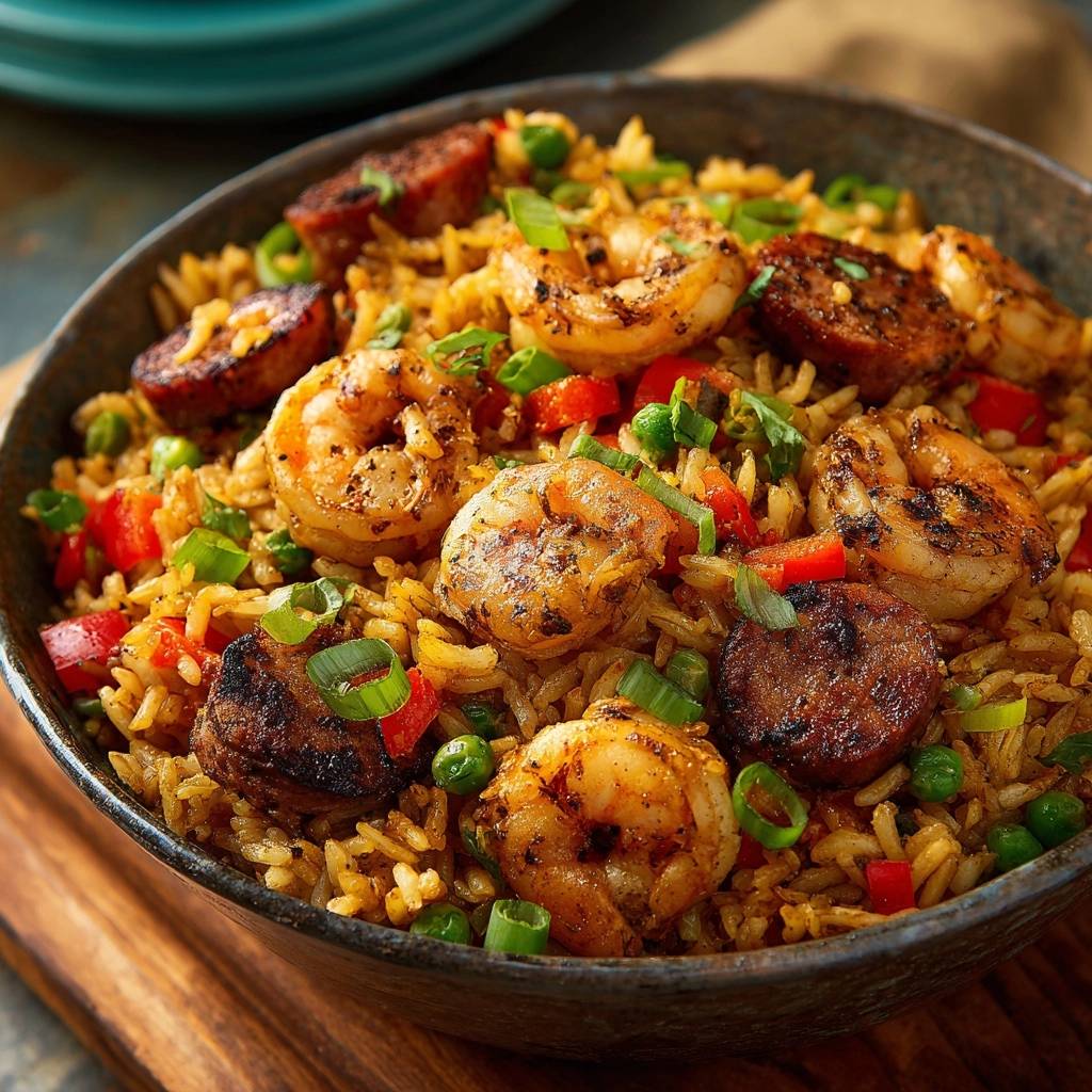 Garnelen-Jambalaya mit Garnelen, Wurst und Erbsen in einer Schüssel, detailreiche Nahaufnahme der Zutaten.
