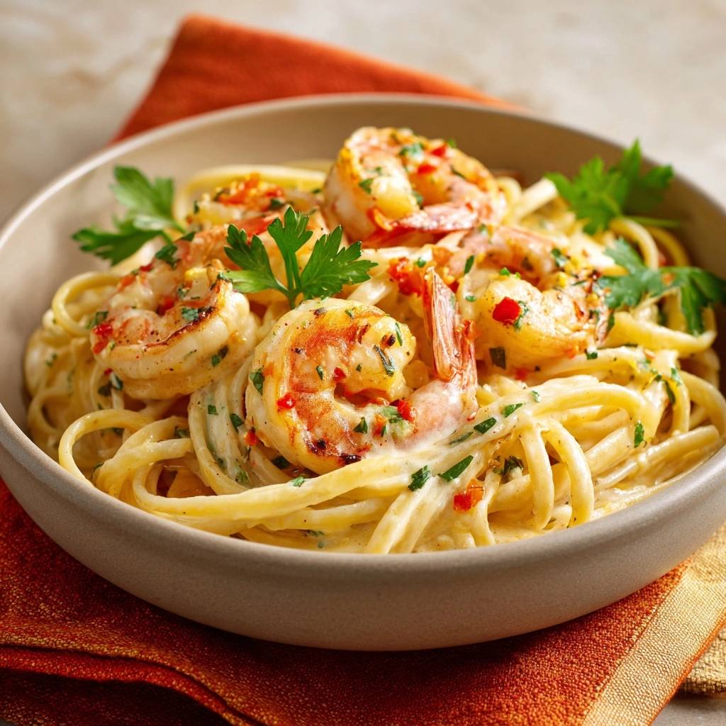 Garnelen Spaghetti Knoblauch Chili Nahaufnahme Teller 1 Garnelen-Spaghetti mit Knoblauch & Chili, serviert in einer Schüssel mit frischer Petersilie und sichtbaren Chilistückchen.