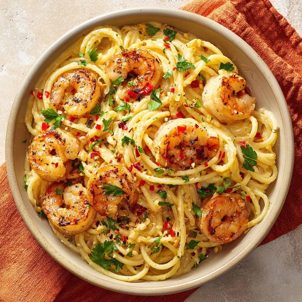 Garnelen-Spaghetti mit Knoblauch & Chili, als Nahaufnahme auf einem Teller mit Garnelen und Petersilie garniert.