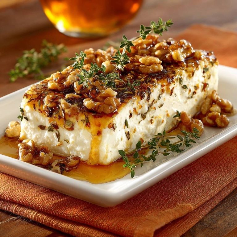 Gebratener Feta mit Honig, Walnüssen und Thymian, mit Honig übergossen und mit Nüssen garniert.
