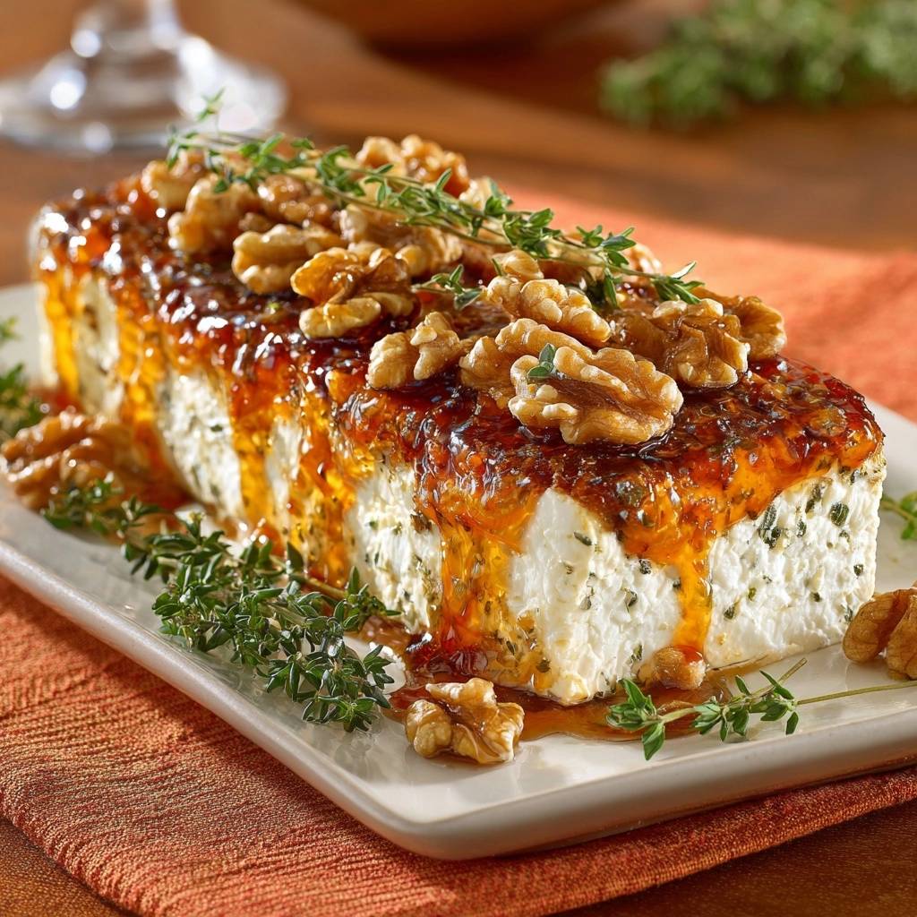 Gebratener Feta Mit Honig Walnuessen Garniert 1 Gebratener Feta mit Honig, Walnüssen und Thymian, serviert auf einem Teller und mit Walnüssen und Kräutern garniert.