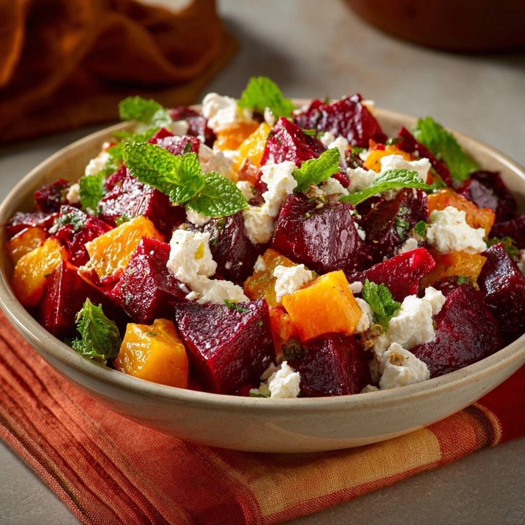 Geroesteter Rote Bete Kuerbis Salat Mit Feta Garniert 1 Gerösteter Rote-Bete-Kürbis-Salat mit Feta und Minze, garniert mit frischen Minzblättern und zerbröseltem Feta.