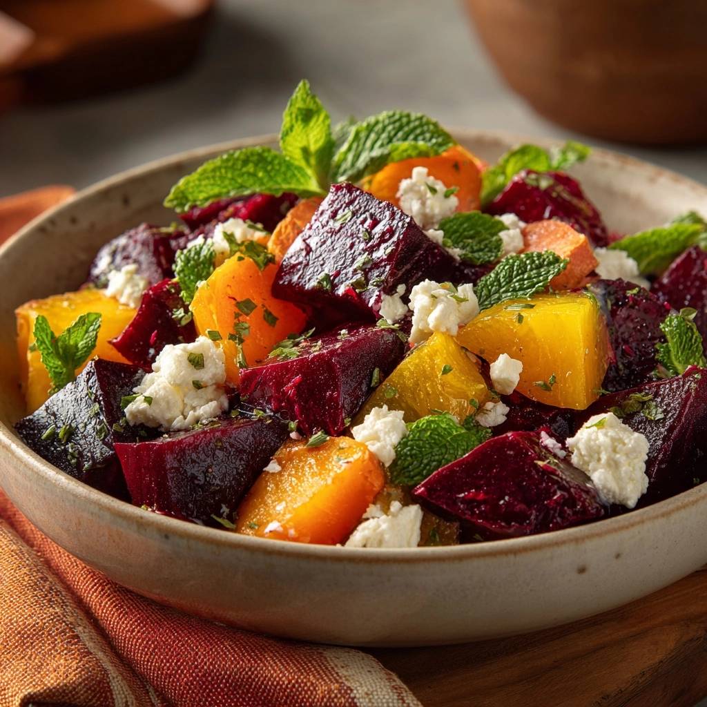 Gerösteter Rote-Bete-Kürbis-Salat mit Feta & Minze, eine Nahaufnahme, die die Textur und die frischen Zutaten zeigt.