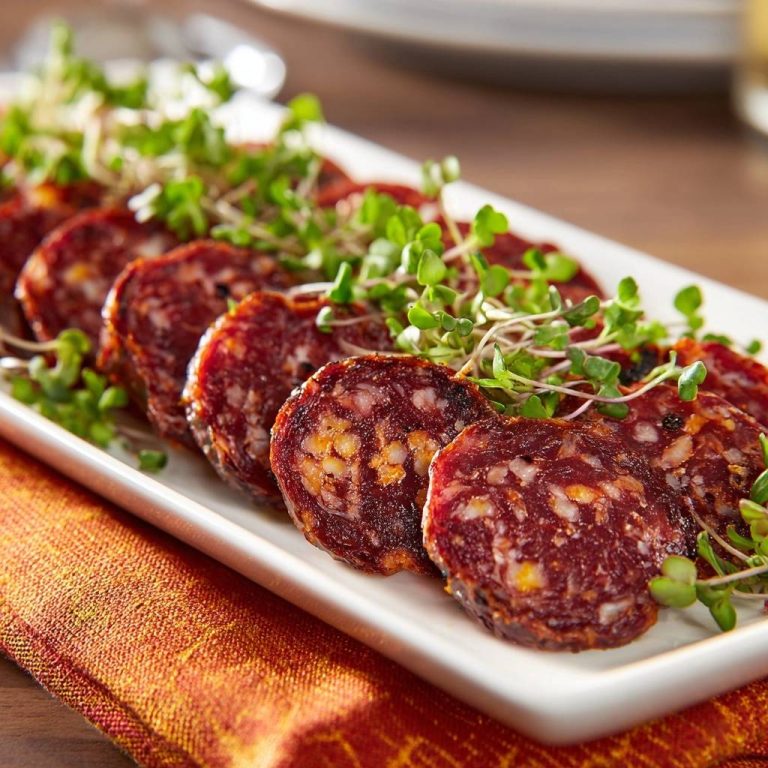 Gewürzte Wurstscheiben mit Kresse, nah aufgenommen auf einem weißen Teller, mit feinen Kressesprossen garniert.