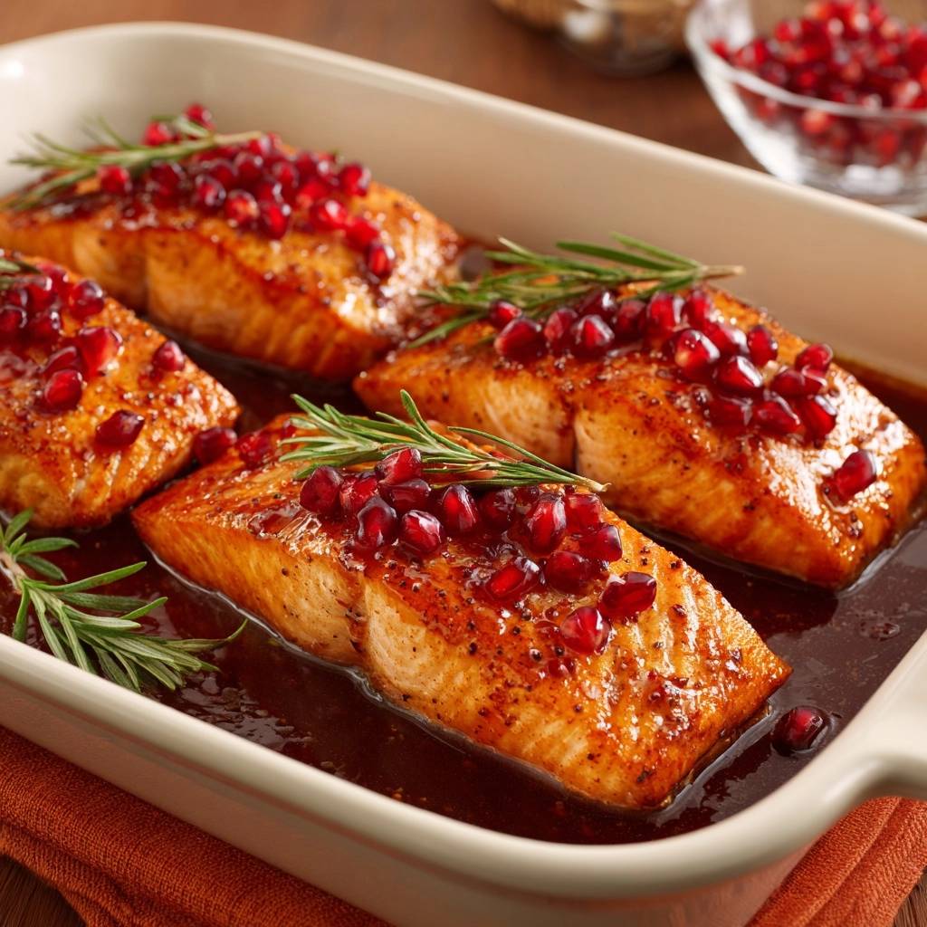 Granatapfelglasierter Lachs mit Rosmarin, saftig gebacken und mit frischen Granatapfelkernen und Rosmarinzweigen garniert.