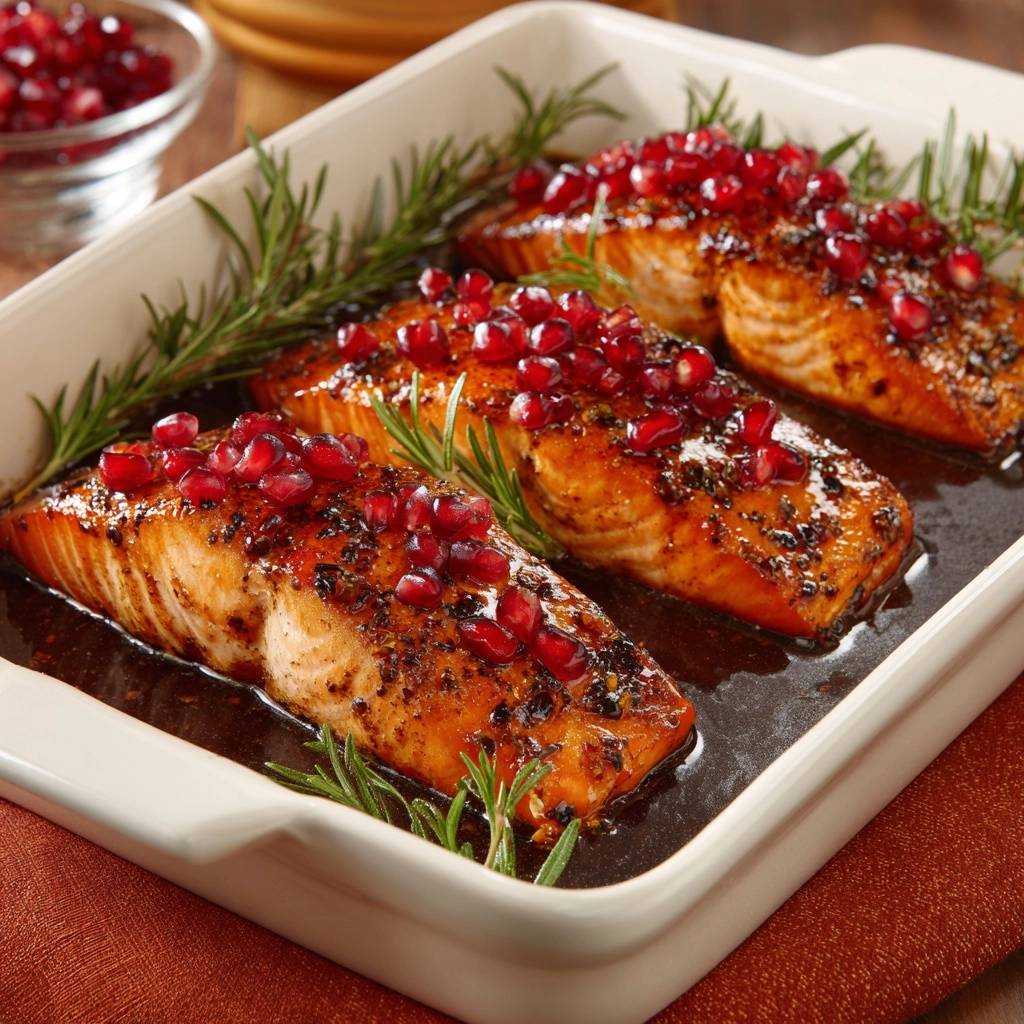 Granatapfelglasierter Lachs mit Rosmarin, saftig gebacken und mit Granatapfelkernen garniert, serviert in einer Auflaufform.