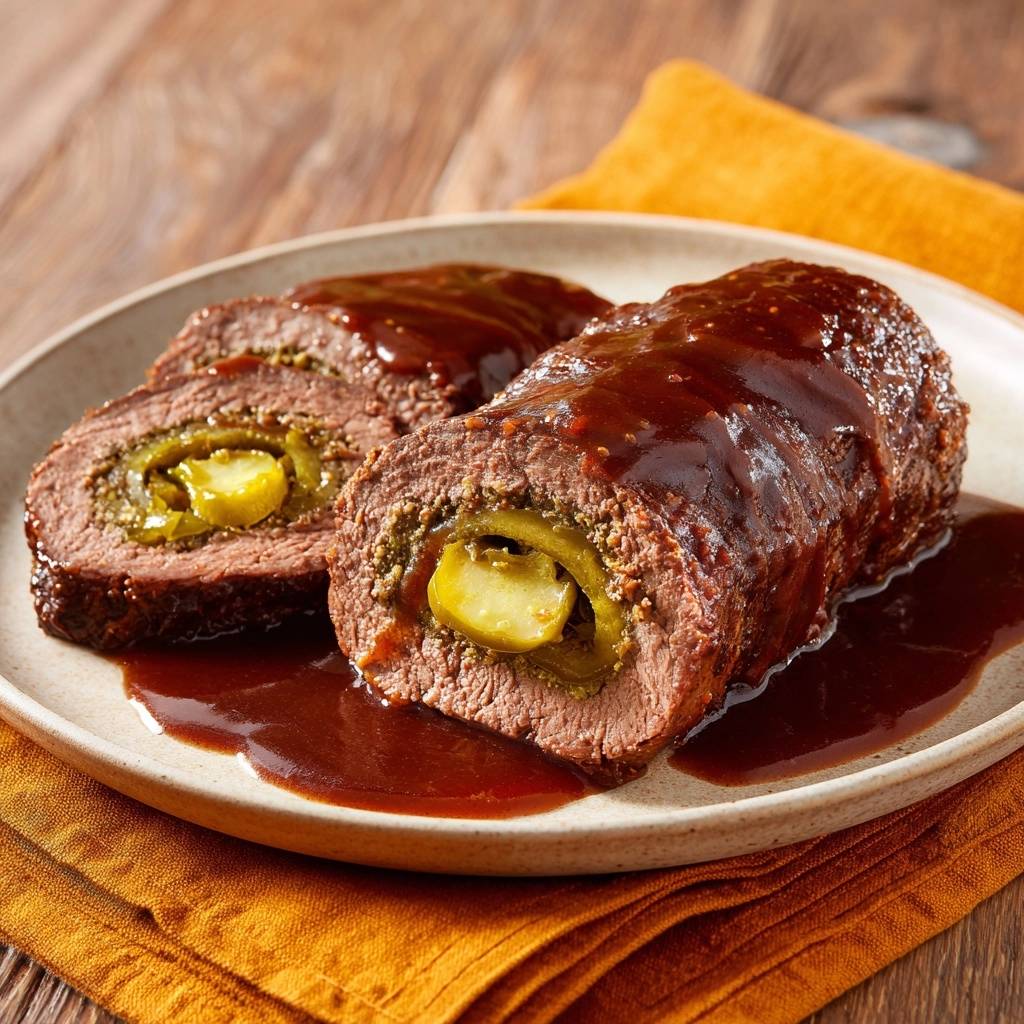 Gurkenrouladen Angeschnitten Querschnitt 1 Gurkengefüllte Rindfleischrouladen angeschnitten mit einem Blick auf den saftigen Gurken- und Speckfüllungsquerschnitt.