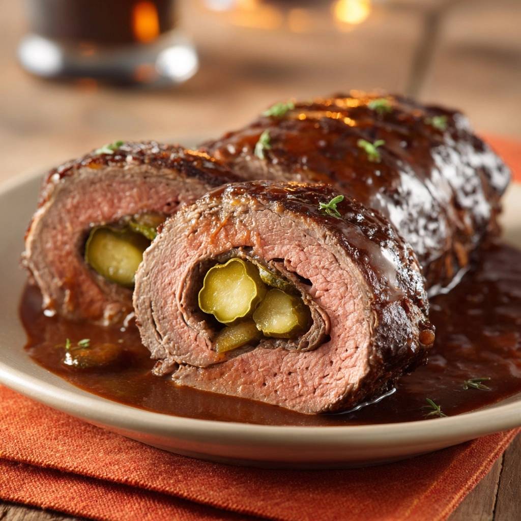 Gurkengefüllte Rindfleischrouladen im Anschnitt mit reichlich Sauce auf einem Teller, die saftige Füllung ist gut sichtbar.