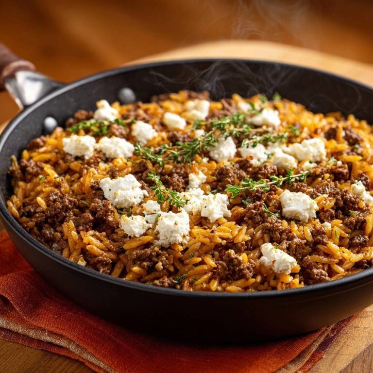 Saftiger Hack-Orzo mit Feta und Thymian in einer Pfanne, garniert mit frischen Kräutern und dampfend serviert.