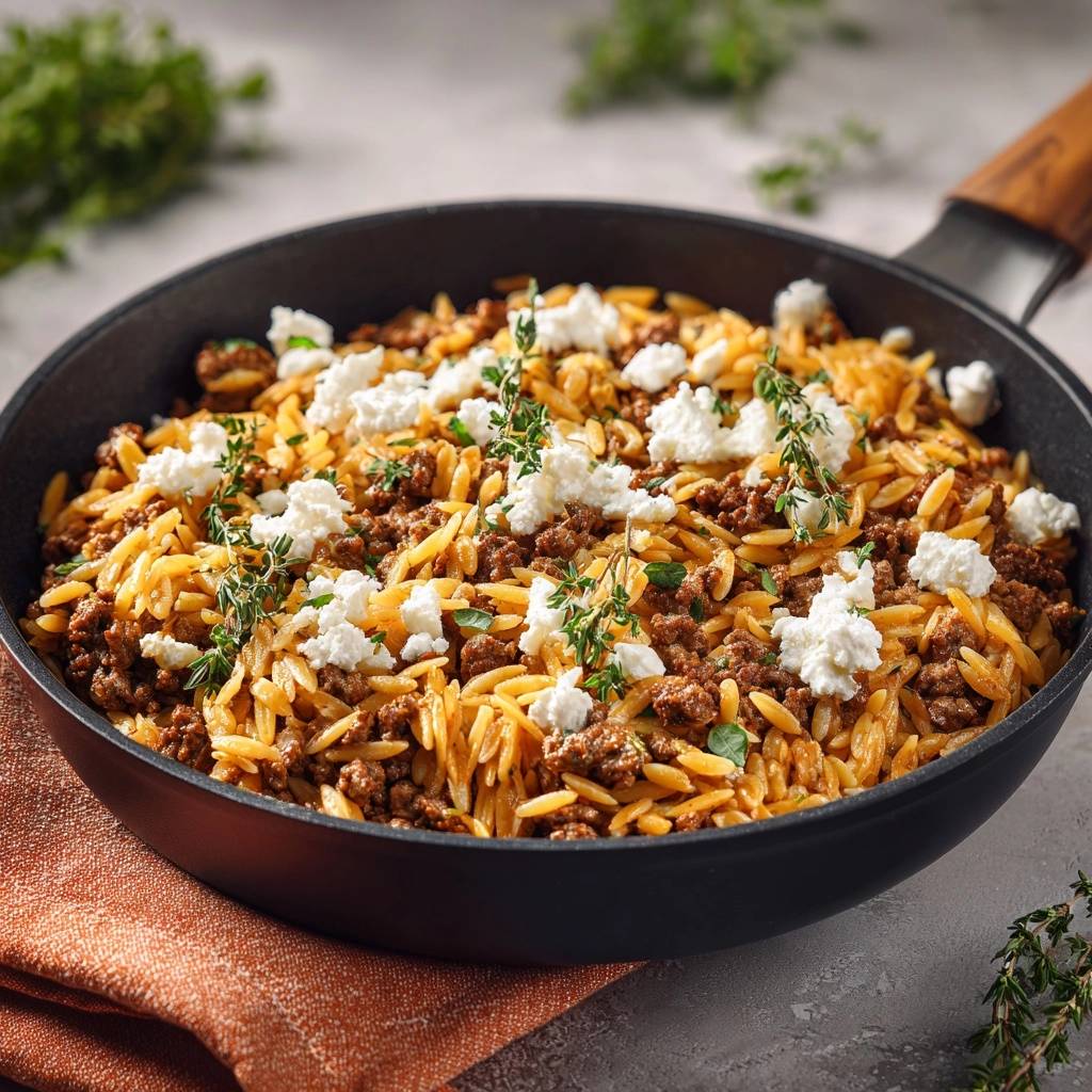 Saftiger Hack-Orzo mit Feta und Thymian in einer Bratpfanne garniert, Nahaufnahme des Gerichts.