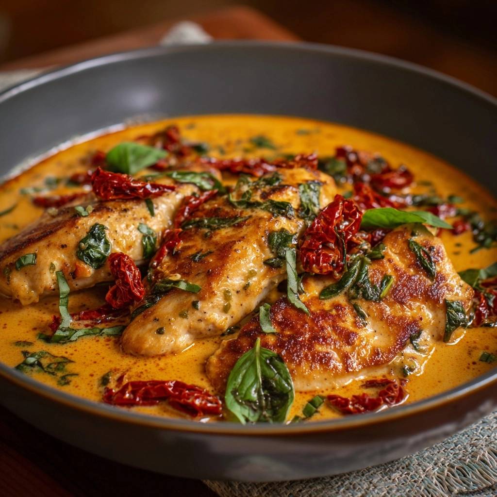 Saftiges Hähnchen mit Sonnentomaten-Cremesoße als Nahaufnahme mit Basilikum und getrockneten Tomaten garniert.