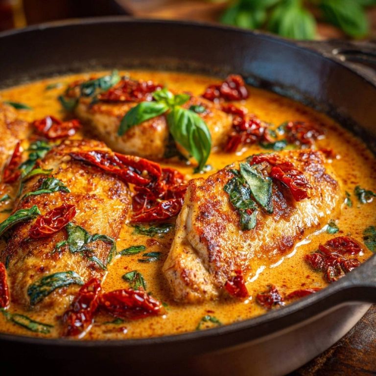 Saftiges Hähnchen mit Sonnentomaten-Cremesoße in einer Pfanne, nahaufnahme der Textur und Sauce.