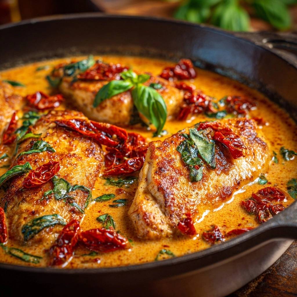 Saftiges Hähnchen mit Sonnentomaten-Cremesoße in einer Pfanne, nahaufnahme der Textur und Sauce.