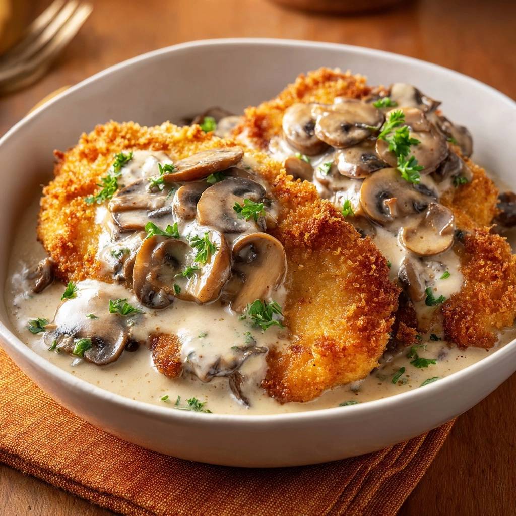 Knuspriges Hähnchenschnitzel mit Champignon-Rahmsoße, serviert in einer Schüssel mit cremiger Soße und frischer Petersilie.