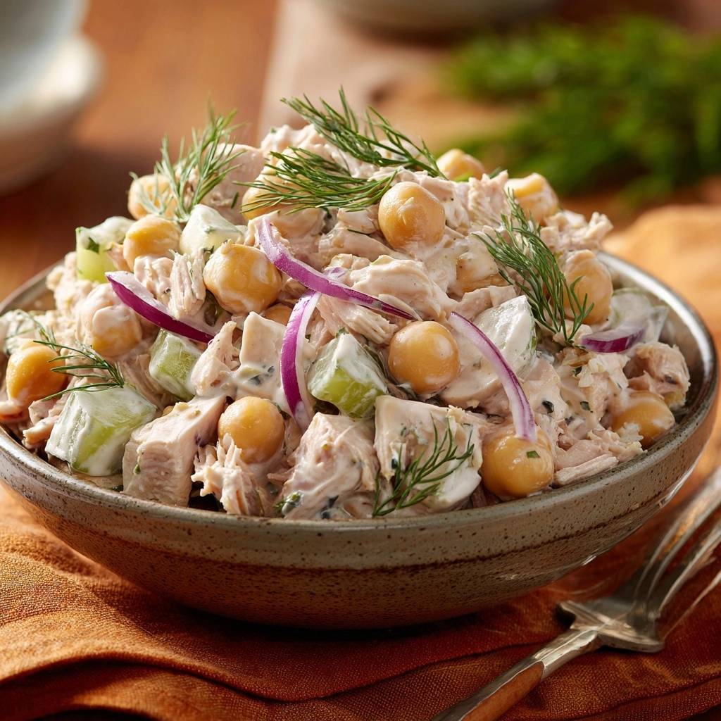 Frischer Hähnchen-Kichererbsen-Salat mit Dill in einer Schüssel, Nahaufnahme mit Kichererbsen und roten Zwiebeln.