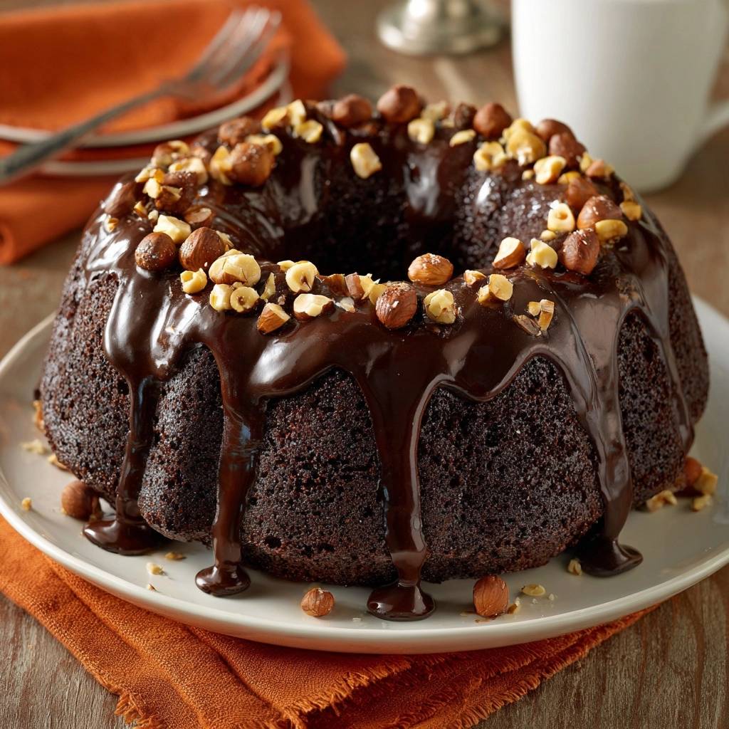 Haselnuss-Schoko-Gugelhupf mit reichlich glänzender Schokoladenglasur und gehackten Haselnüssen als Topping.