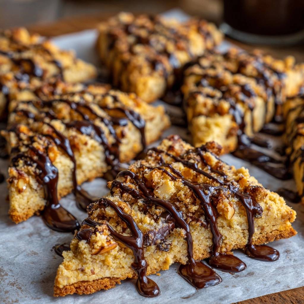 Haselnuss Schoko Streuselschnitten Angeschnitten 1 Haselnuss-Schoko-Streuselschnitten angeschnitten auf einem Backpapier, mit Schokoladenglasur und Streuseln bedeckt.