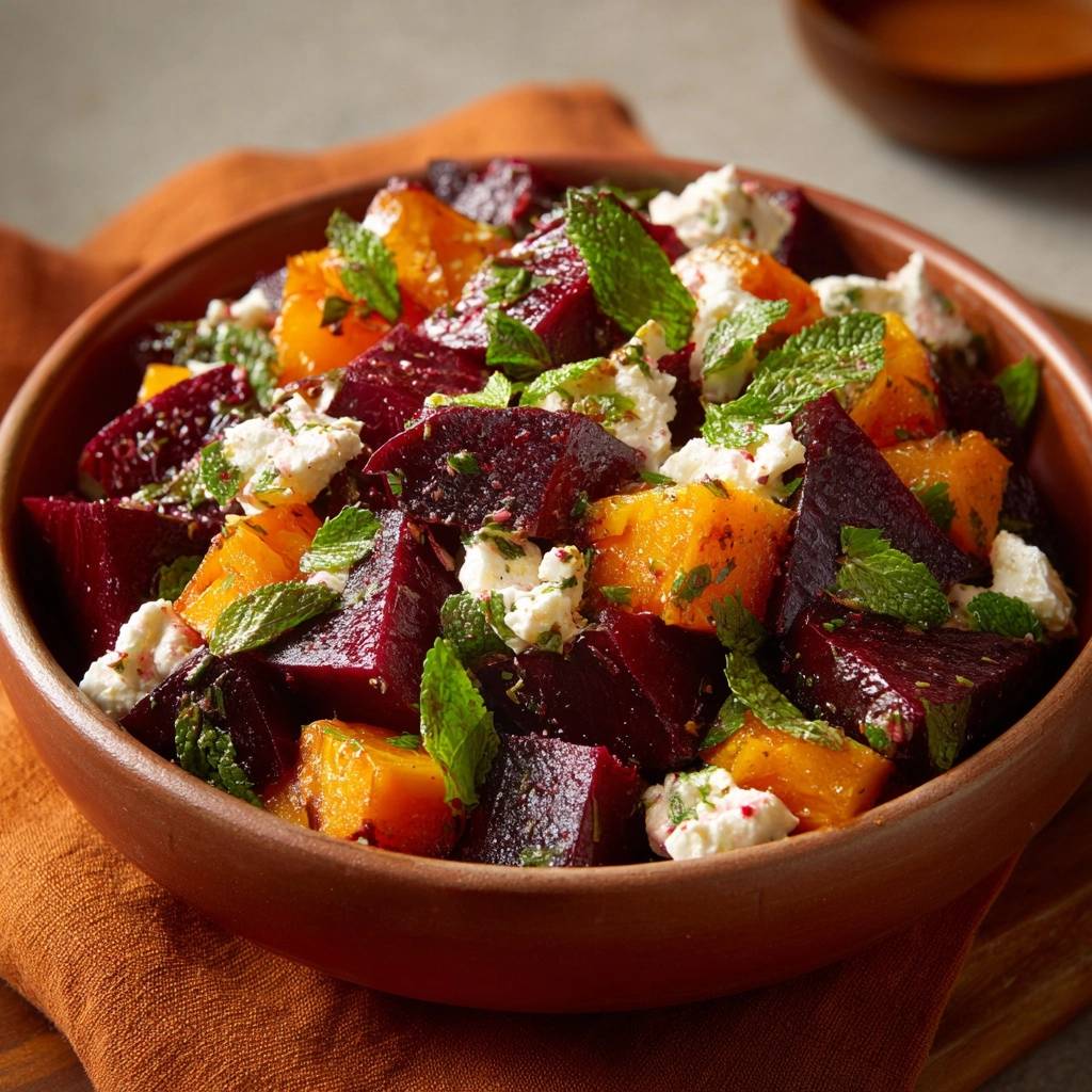 Herbstlicher Rüben-Kürbis-Salat mit Feta und Minze, detailreiche Nahaufnahme der einzelnen Zutaten im rustikalen Keramikschälchen.