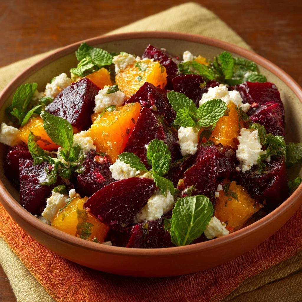 Herbstlicher Rüben-Kürbis-Salat mit Feta und Minze, als Nahaufnahme mit den einzelnen Zutaten deutlich erkennbar.