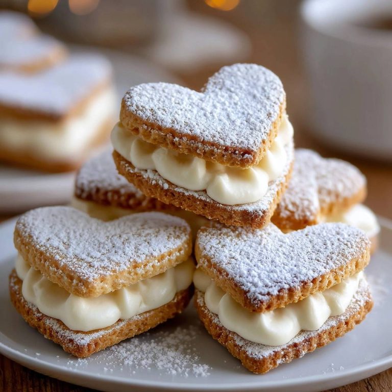 Herz-Plätzchen mit Vanillecreme als Nahaufnahme, bestäubt mit Puderzucker auf einem weißen Teller.
