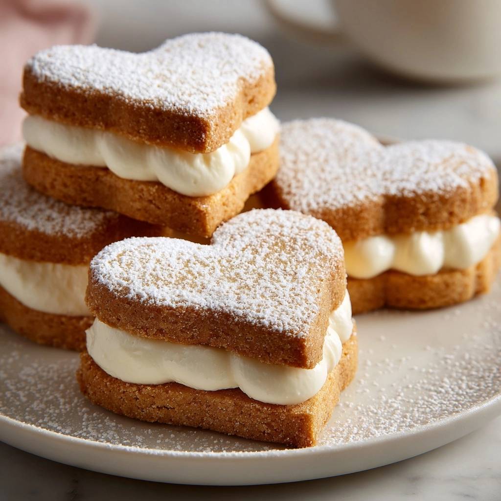 Herz-Plätzchen mit Vanillecreme, gestapelt auf einem Teller und mit Puderzucker bestäubt, zeigen die cremige Füllung.