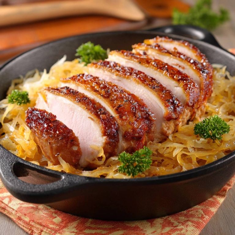 Saftiges Hähnchen auf Gold-Sauerkraut, angeschnitten und im Detail auf dem Tisch serviert.