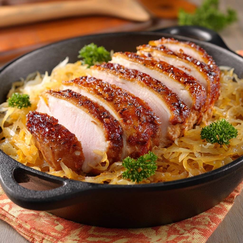 Saftiges Hähnchen auf Gold-Sauerkraut, angeschnitten und im Detail auf dem Tisch serviert.