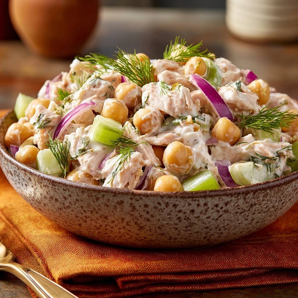 Hhnchen Kichererbsen Salat Dill Schssel Nahaufnahme 1 Frischer Hähnchen-Kichererbsen-Salat mit Dill, serviert in einer rustikalen Schüssel mit Nahaufnahme der Zutaten.