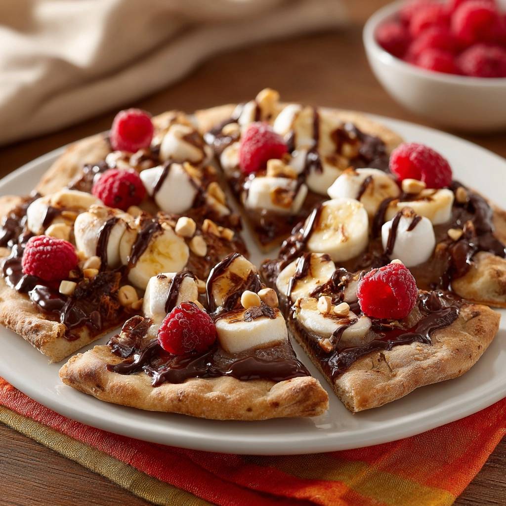 Himbeer-Bananen-Schoko-Marshmallow-Pizza angeschnitten auf einem Teller mit frischen Himbeeren und Bananenscheiben.