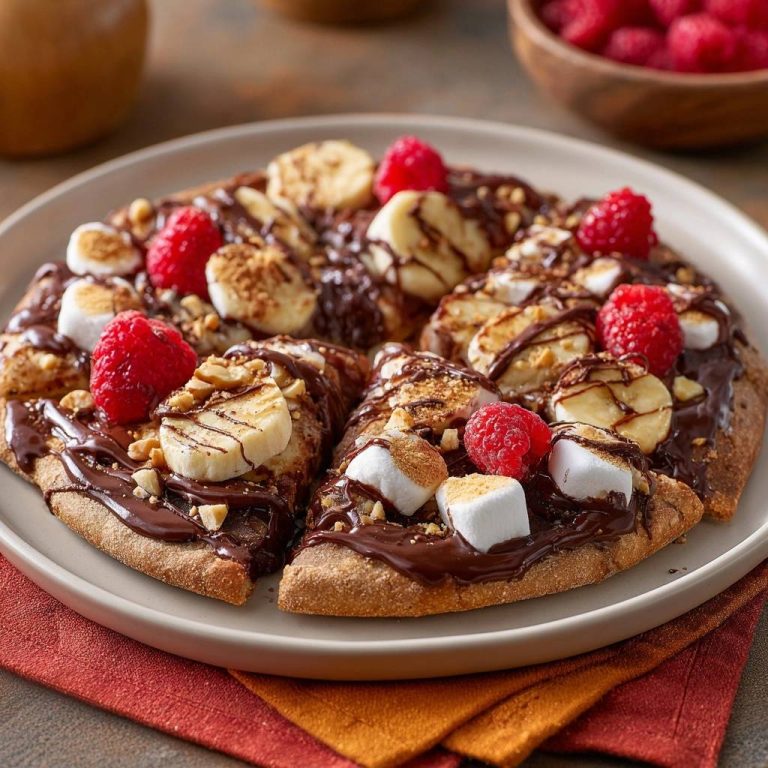 Himbeer-Bananen-Schoko-Marshmallow-Pizza angeschnitten, zeigt die köstlichen Beläge aus Bananenscheiben, Marshmallows und Himbeeren.