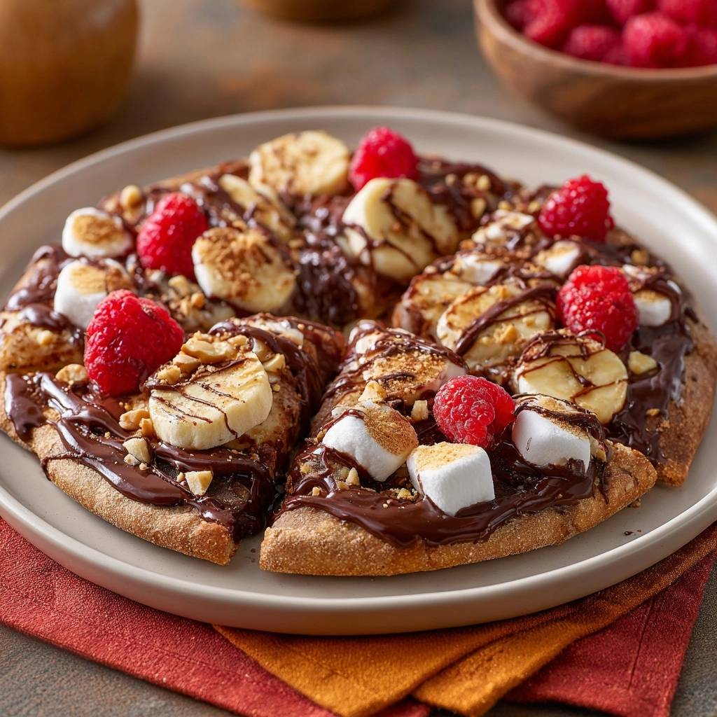 Himbeer-Bananen-Schoko-Marshmallow-Pizza angeschnitten, zeigt die köstlichen Beläge aus Bananenscheiben, Marshmallows und Himbeeren.