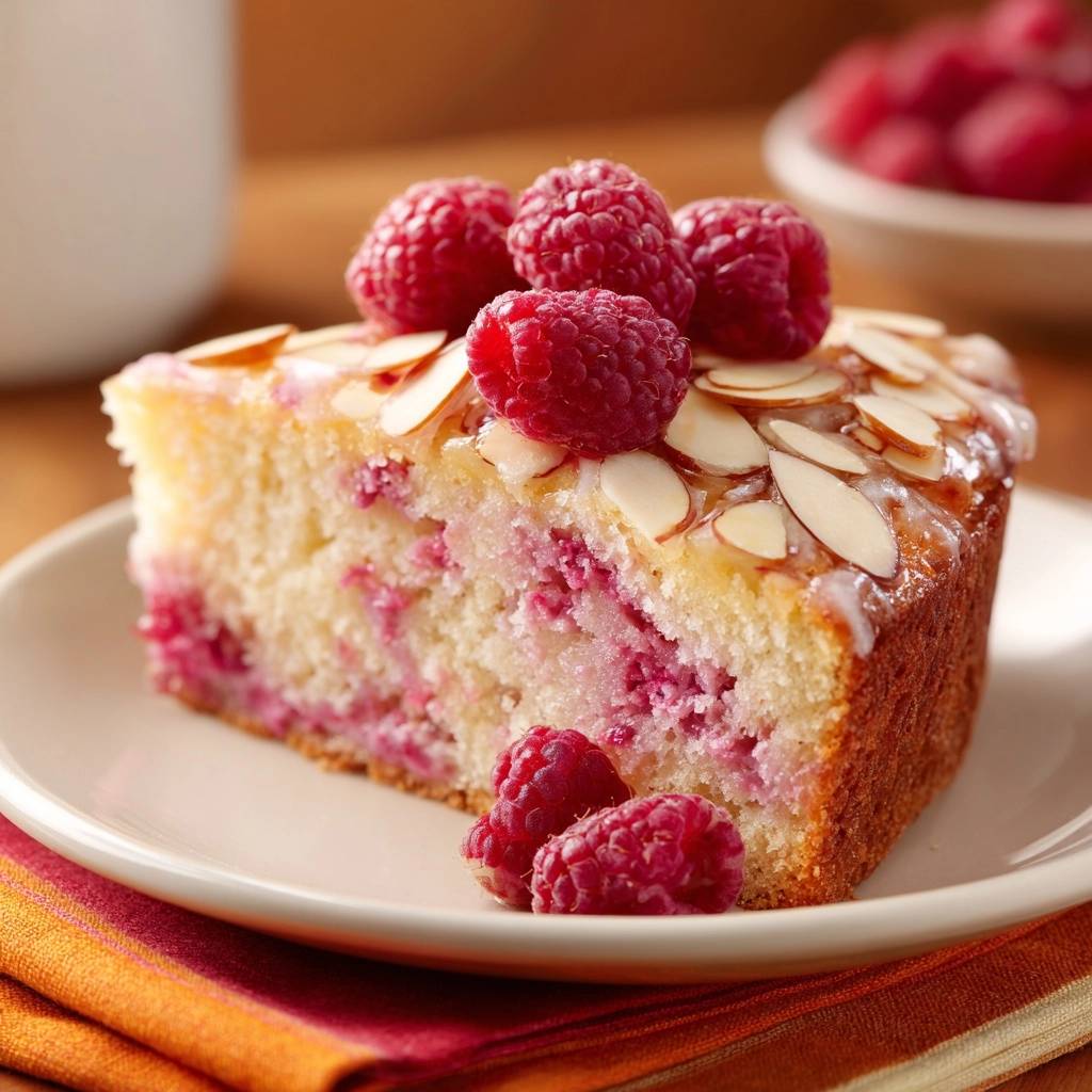 Saftiger Himbeer-Mandel-Kuchen angeschnitten auf einem Teller, mit frischen Himbeeren und Mandelblättchen garniert.