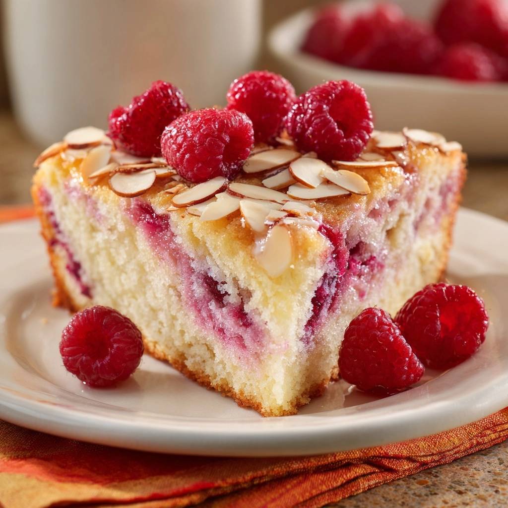 Saftiger Himbeer-Mandel-Kuchen als angeschnittene Nahaufnahme auf einem Teller mit frischen Himbeeren und Mandelblättchen garniert.