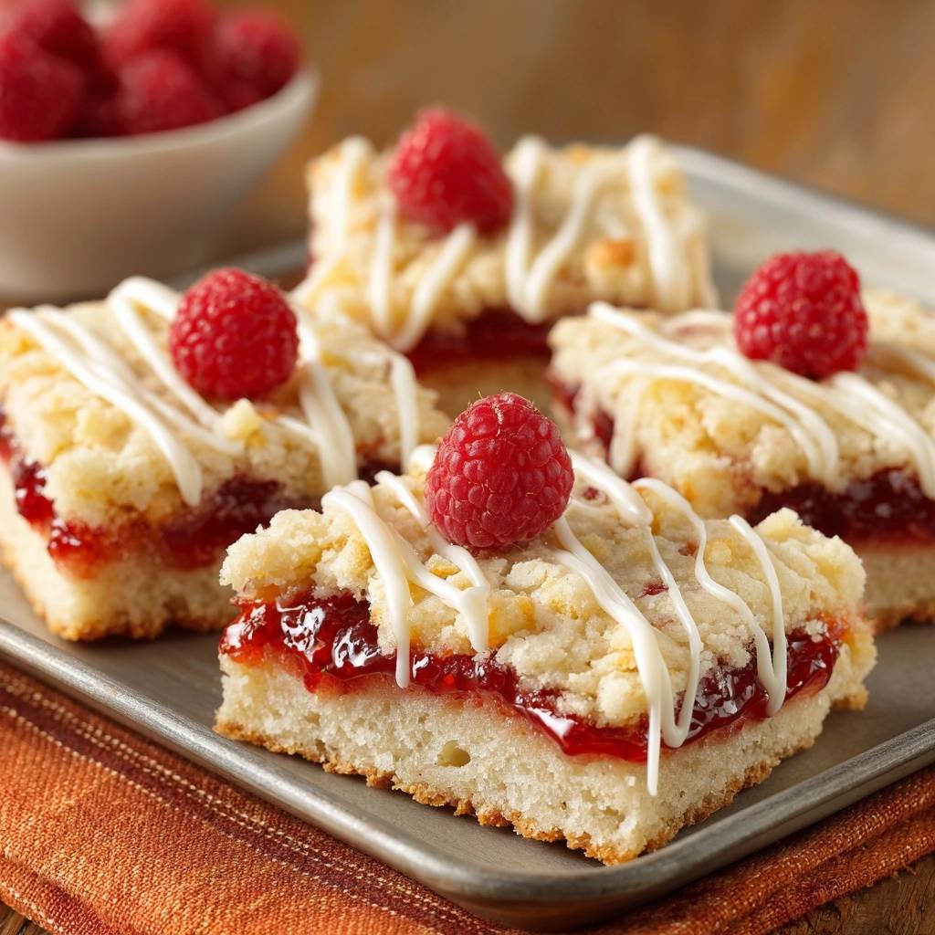 Himbeer-Streusel-Schnitten mit frischer Himbeere und Zuckerguss-Garnitur, Nahaufnahme der Oberseite