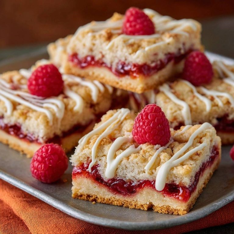 Himbeer-Streusel-Schnitten als Nahaufnahme mit frischen Himbeeren und weißer Glasur garniert.