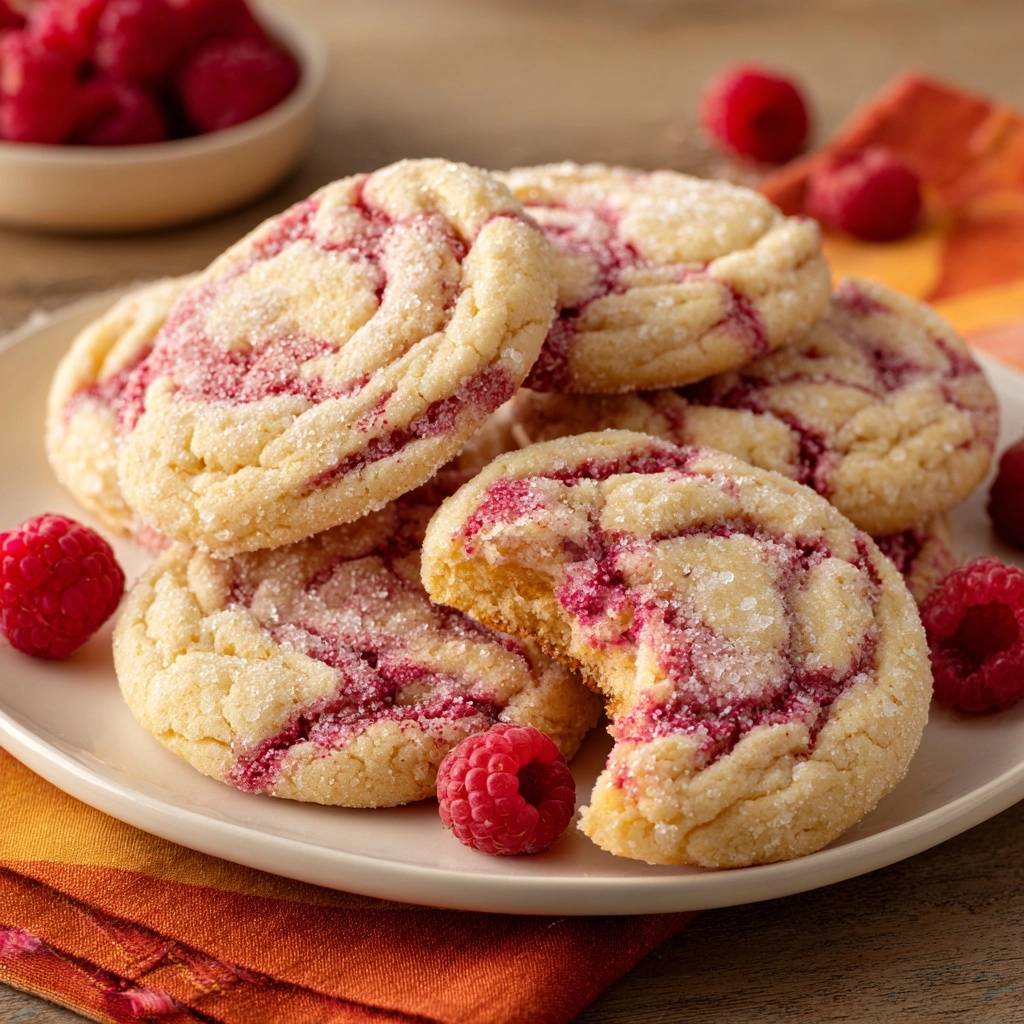 Himbeer-Wirbel-Kekse angeschnitten, um das saftige Innere und die Marmorierung zu zeigen, mit frischen Himbeeren daneben.