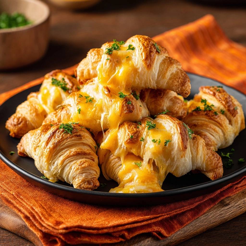 Knusprige Käse-Croissants mit Petersilie, geschmolzener Käse und frische Petersilie garnieren die goldbraunen Gebäcke.