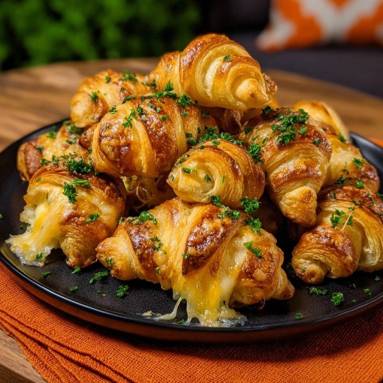 Knusprige Käse-Croissants mit Petersilie, die auf einem Teller mit geschmolzenem Käse serviert werden.