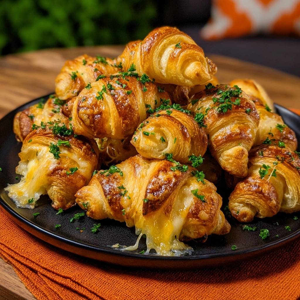Knusprige Käse-Croissants mit Petersilie, die auf einem Teller mit geschmolzenem Käse serviert werden.
