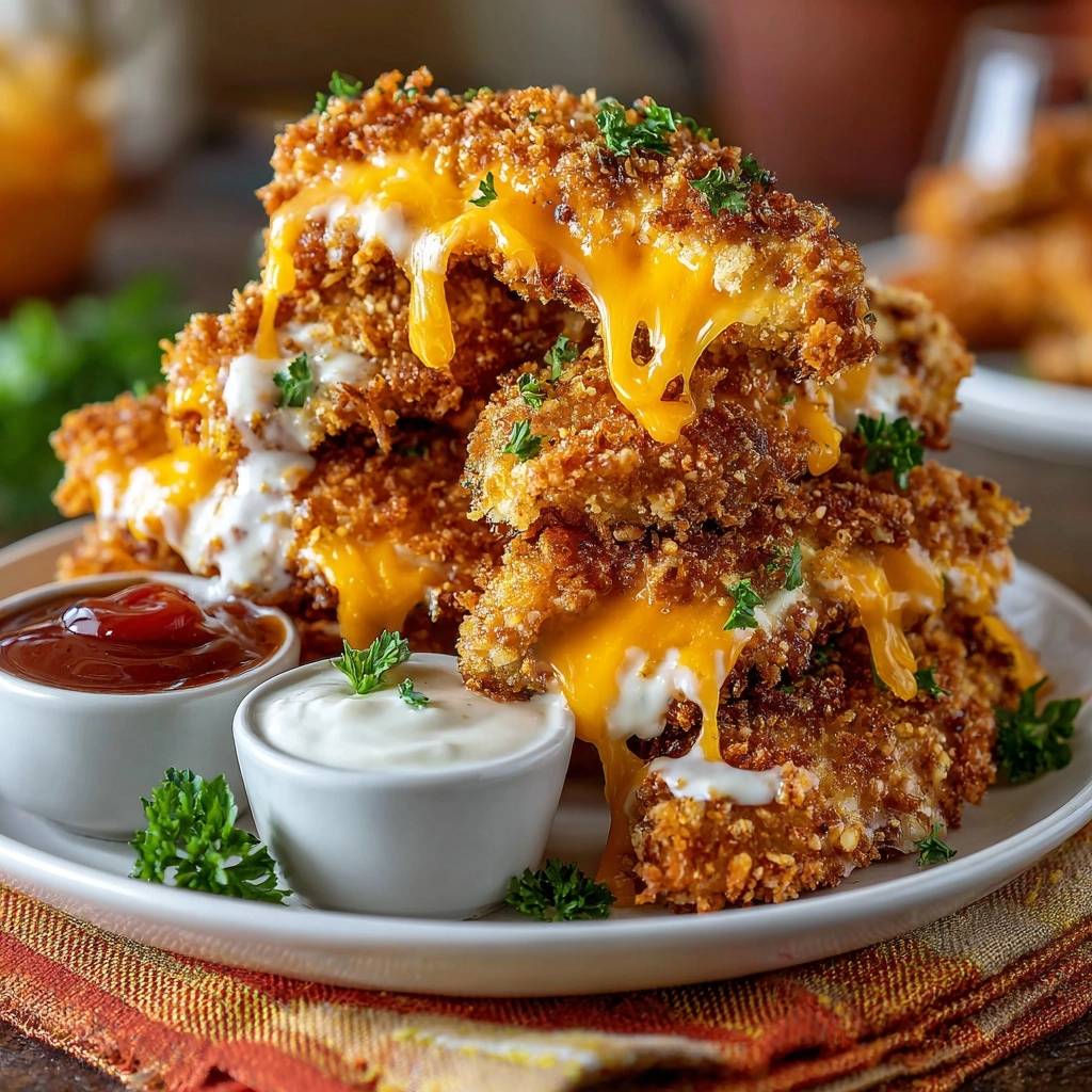 Knusprige Käse-Hähnchen-Nuggets mit geschmolzenem Käse und Dips, nahaufnahme auf einem Teller serviert.