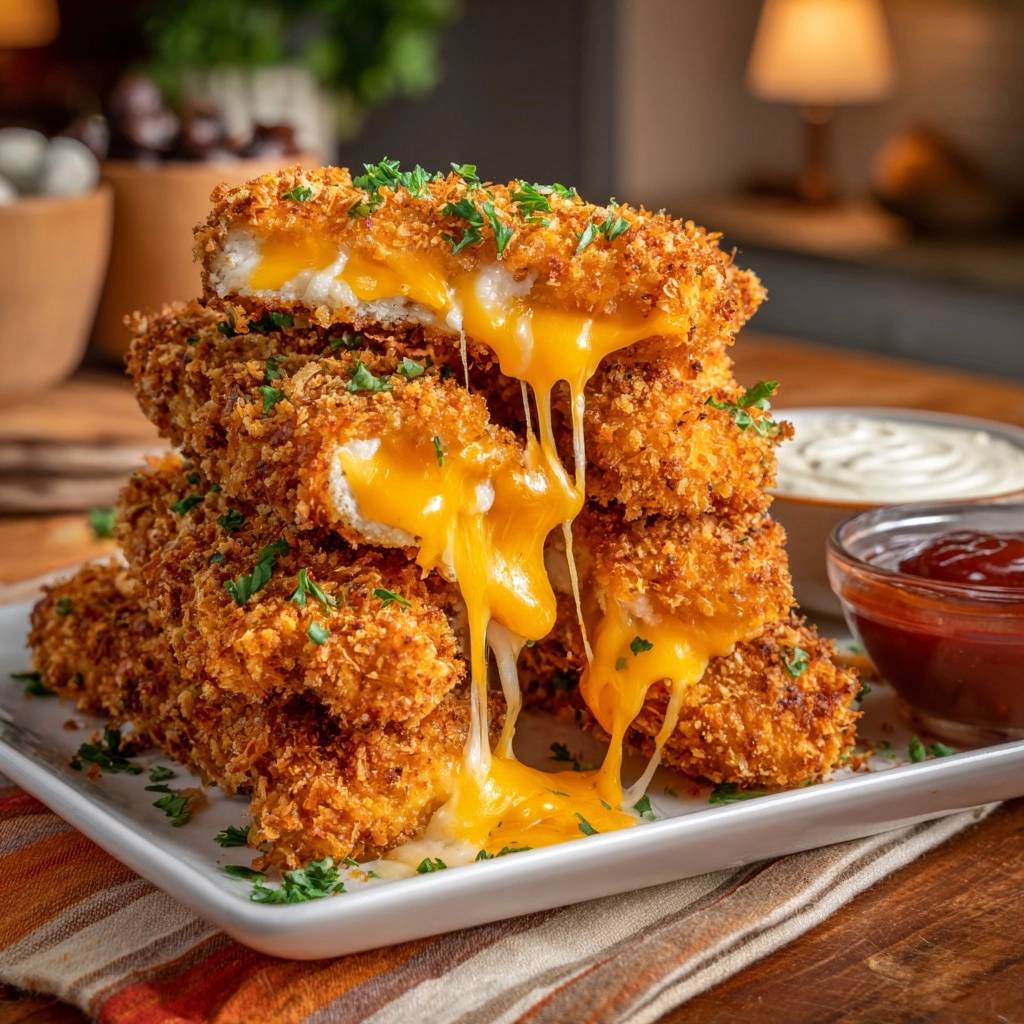 Knusprige Käse-Hähnchen-Nuggets mit geschmolzenem Käse im Anschnitt auf einem Teller serviert, mit Dips daneben.
