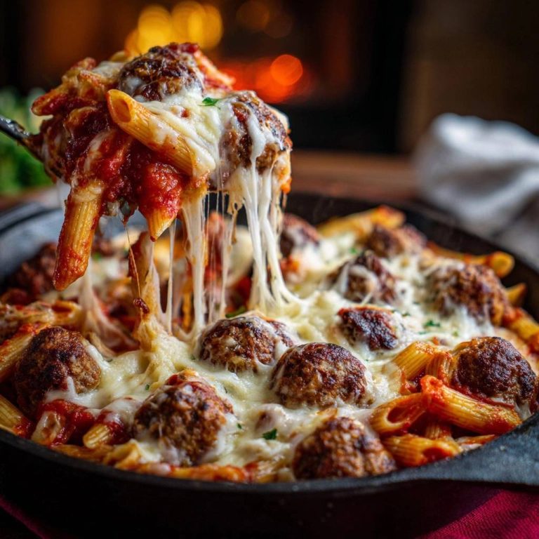 Käseüberbackene Penne mit Hackbällchen, eine Portion mit geschmolzenem Käse wird aus der Pfanne gehoben.