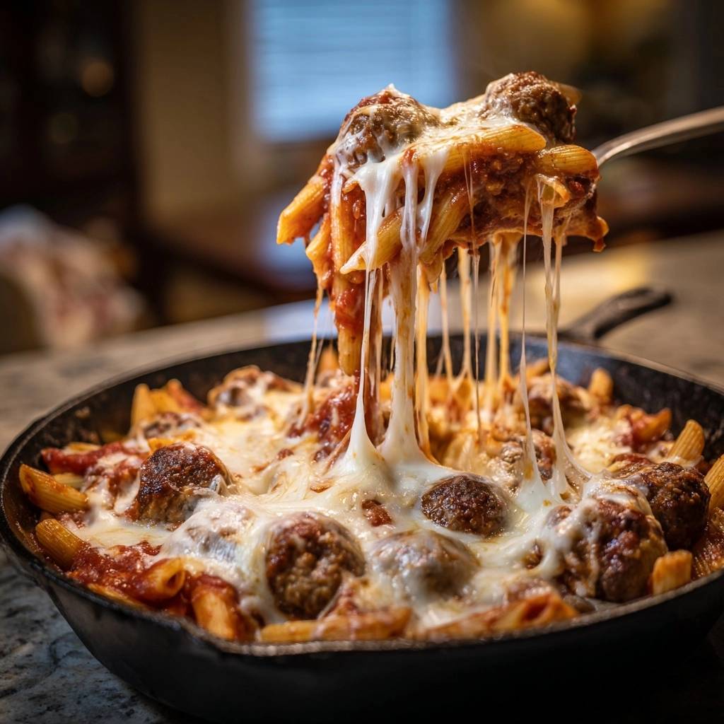 Kaeseueberbackene Penne Mit Hackbaellchen Kaese Zieht Fden 1 Käseüberbackene Penne mit Hackbällchen, bei der geschmolzener Käse in langen Fäden von einer Gabel gezogen wird.